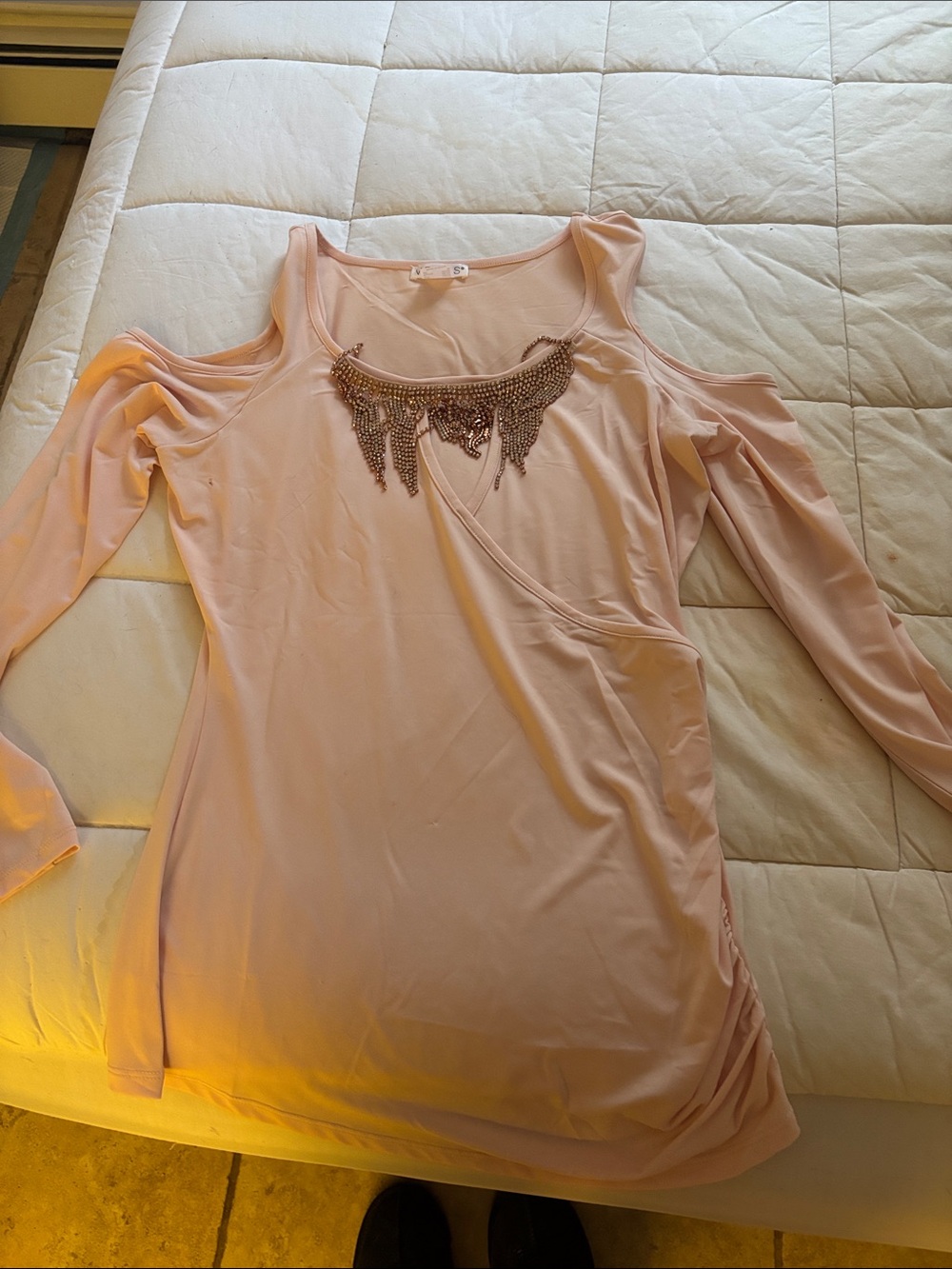 VENUS Blush Pink Cold-Shoulder Long Sleeve Dress with Beaded Fringe